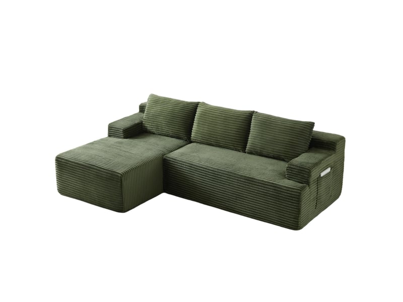  Canapé d'angle compressé en l 238x152x66 cm modulable 3 places, mousse et velours côtelé couleur vert, moderne  - Conforama A