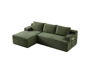 Canapé d'angle compressé en l 238x152x66 cm modulable 3 places, mousse et velours côtelé couleur vert, moderne