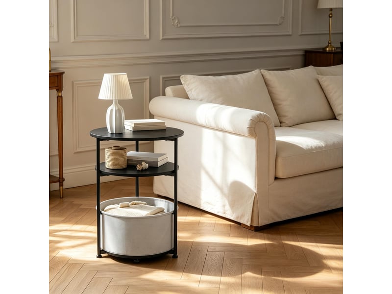  Table d'appoint ronde, avec panier en tissu et pieds réglables, pour salon ou chambre, métal noir, ø 43 × 56 cm  - Conforama C