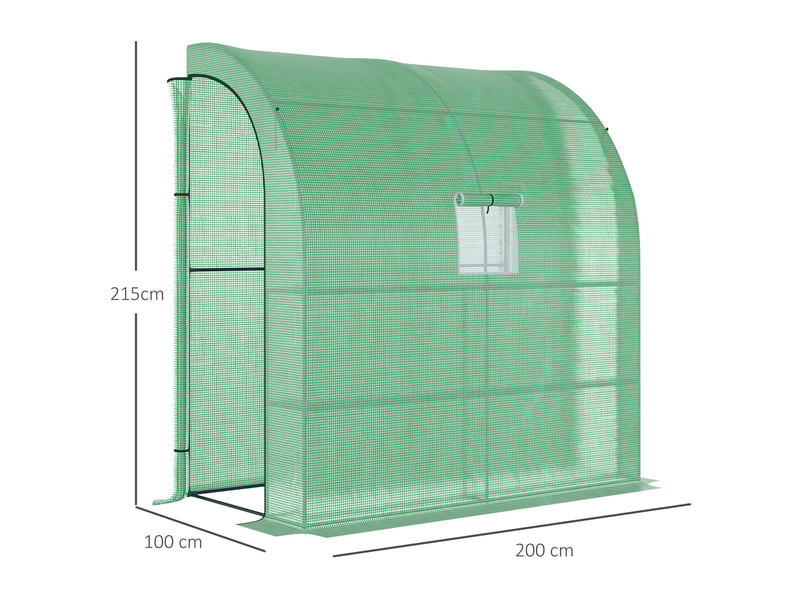  Serre adossée en film - dimensions - 2 portes roulantes avec fermeture éclair - protection uv 200x100x215cm - Conforama C