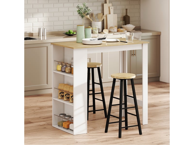  Table de bar table haute de cuisine mange-debout comptoir 112l x 57l x 106h cm - 3 étagères - aspect chêne clair blanc  - Conforama D