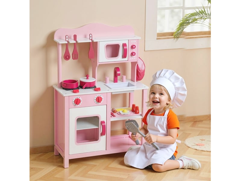  Cuisine enfant 55x24x86 cm, effets sonores et accessoires, bois, rose  - Conforama B
