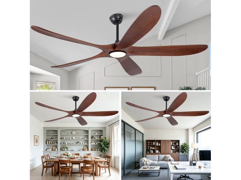  Ventilateur de plafond avec éclairage 176x176x31 cm, 5 pales en bois, 6 vitesses, noyer et noir  - Conforama C