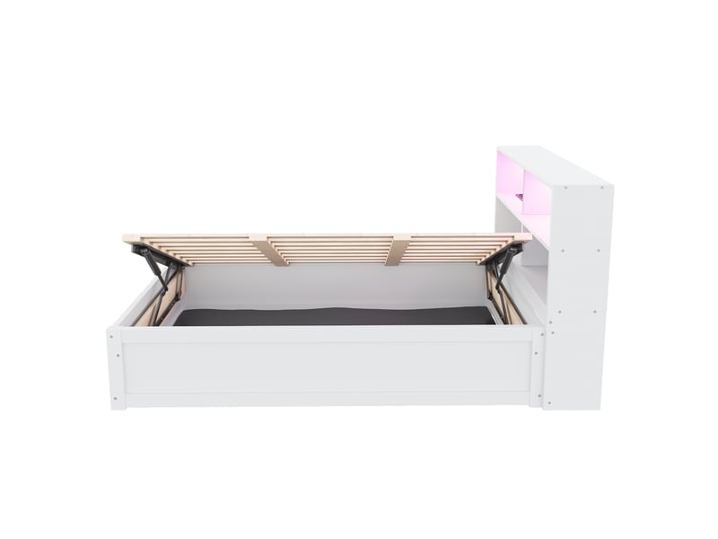 Lit banquette hydraulique avec rangements, bois massif blanc, 90x200 cm, led et prise intégrée - Conforama E