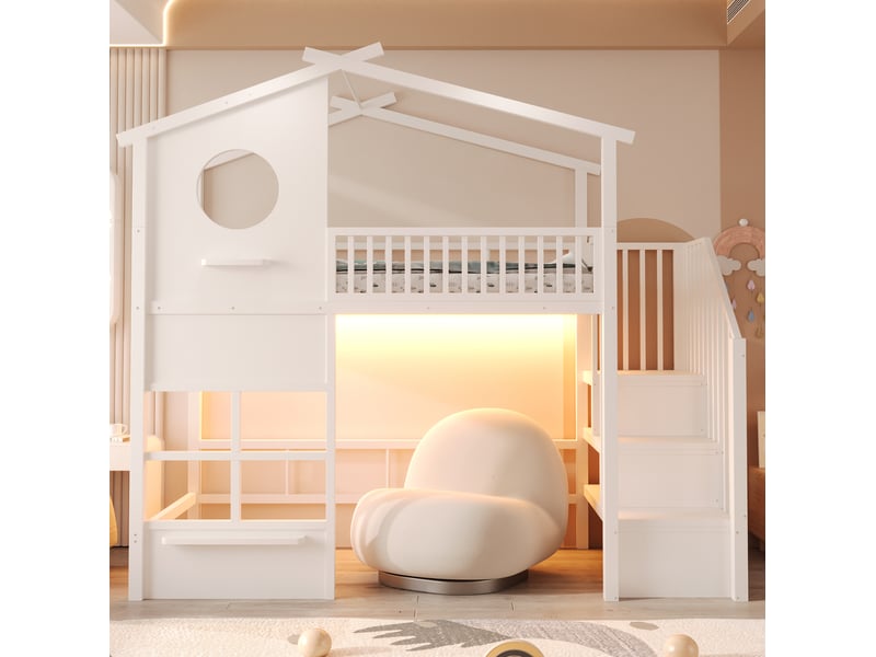 Lit mezzanine 90x200 cm avec bande led et escalier avec rangements intégrés, métal, coloris blanc, vendu sans matelas - Conforama B