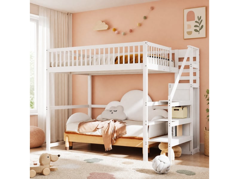  Lit mezzanine enfant 140 x 200 cm blanc avec escalier et rangement  - Conforama C