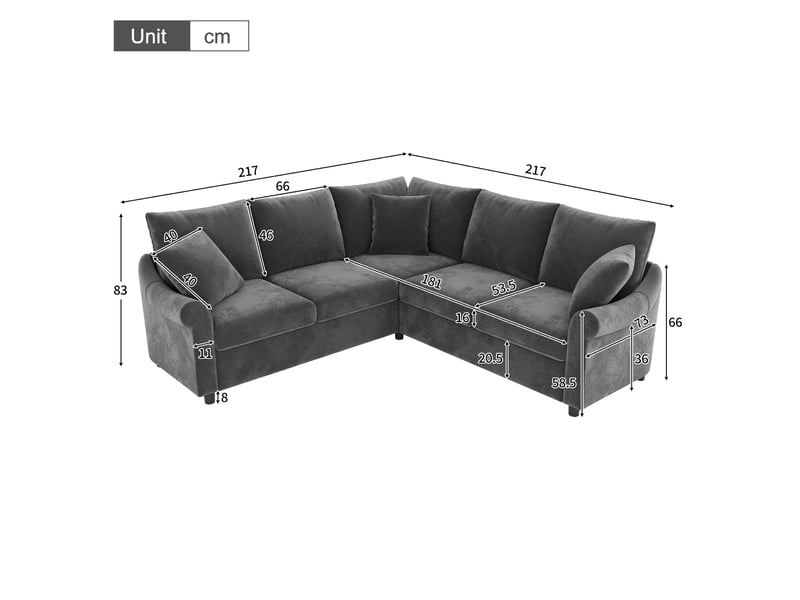 Canapé d'angle 5 places en forme de l 217x217x83 cm - avec 3 coussins décoratifs - tissu chenille - gris - Conforama C