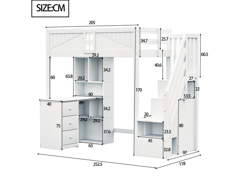 Lit mezzanine, 90x200 cm, échelles latérales interchangeables, tiroirs, bureau, matelas non inclus, bois, coloris blanc - Conforama C