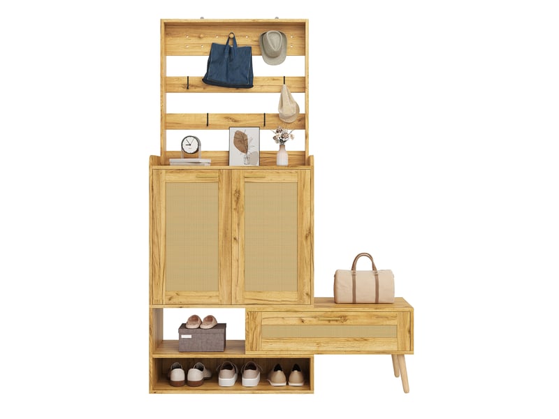  Ensemble d'entrée 123.5x35x180cm avec armoire, banc pivotant, patères, 2 portes en cannage pvc et étagère à chaussures ouverte, naturel evarich - Conforama A