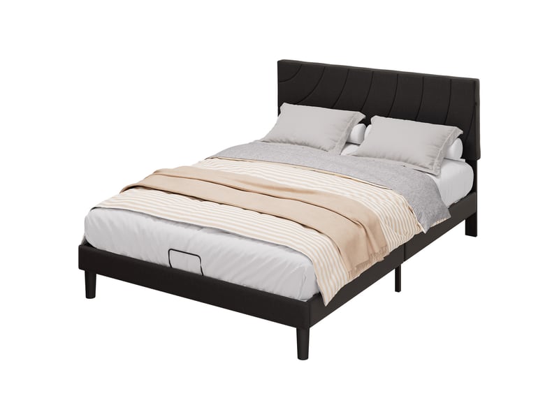  Lit double 140x200 cm avec sommier à lattes, cadre de lit rembourré, pieds antidérapants, tête de lit réglable, noir  - Conforama A