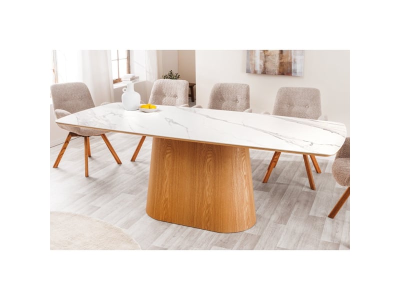  Table de salle à manger lumea – rectangulaire 200 cm – plateau céramique effet marbre blanc et pied aspect bois clair  - Conforama B