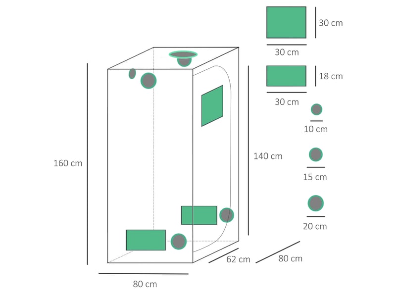 Tente culture hydroponique oxford 600d, 5 aérationsfenêtre, passe-câbles, 80x80x160 cm, noire. - Conforama E