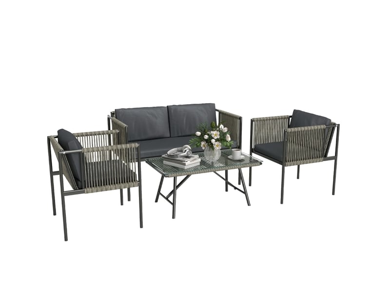  Salon de jardin 4 pièces 116x65x68 cm – gris – canapé 2 places, 2 fauteuils et table en verre trempé  - Conforama A