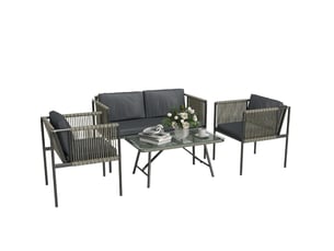 Salon de jardin 4 pièces 116x65x68 cm – gris – canapé 2 places, 2 fauteuils et table en verre trempé