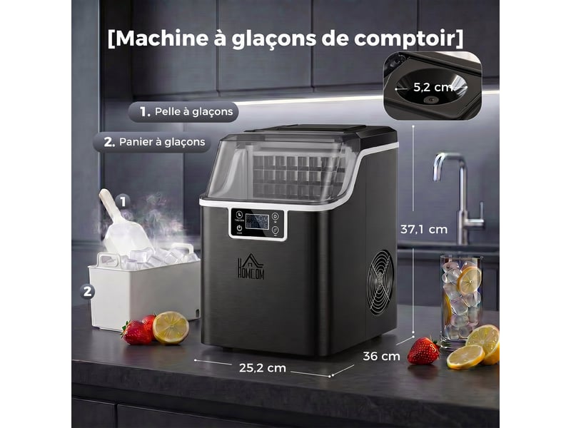  Machine à glaçons, 20 kg en 24h, 24 glaçons en 14-18 min, ice maker avec fonction autonettoyante, 25,2x36x37,1cm, noir  - Conforama E