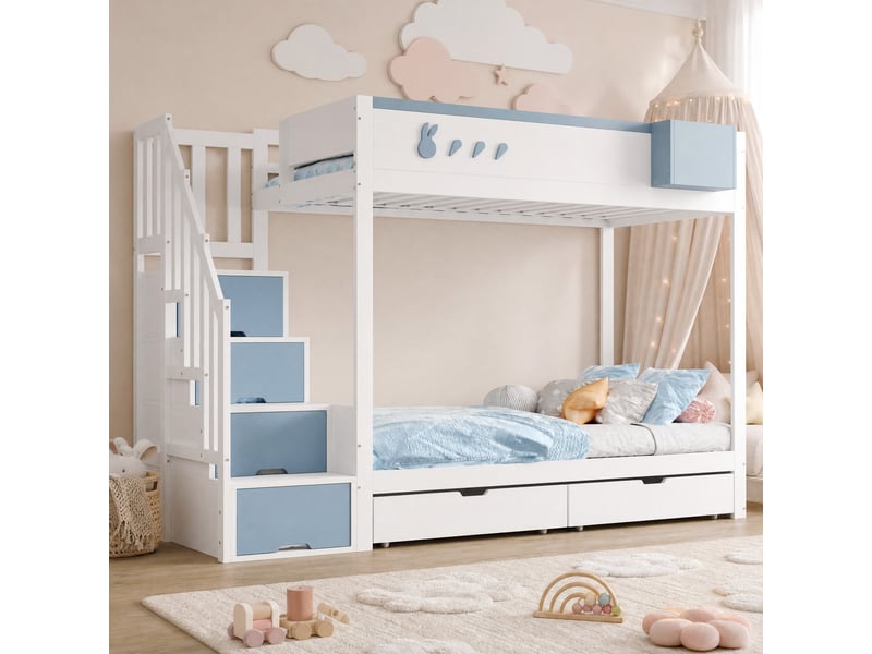 Lit superposé enfant 90x200 avec rangements blanc et bleu evryae - Conforama D