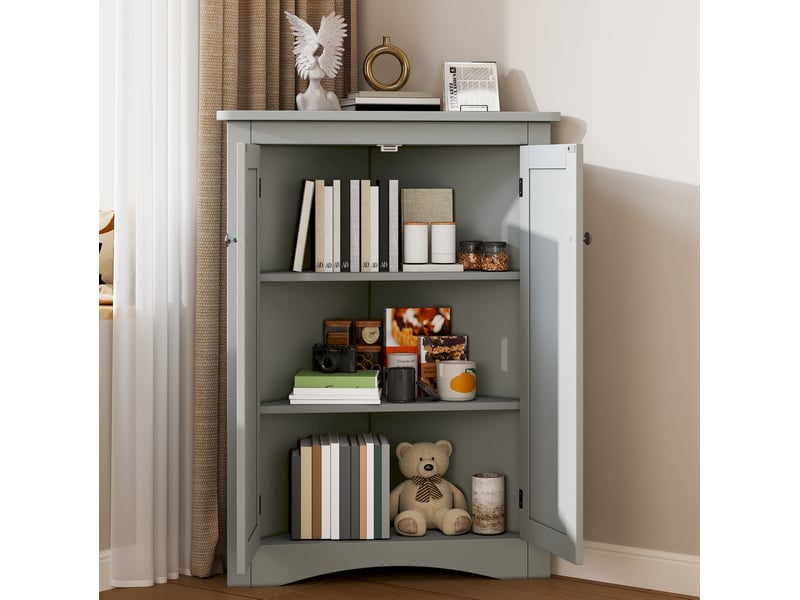  Armoire de salle de bain d'angle avec 2 portes et 3 niveaux de rangement, en mdf gris pour salle de bain, 61,5 × 80 cm  - Conforama D