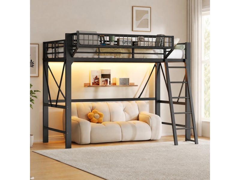  Lit mezzanine modenvie 90 x 200 cm avec panier de rangement et éclairage led, métal, noir  - Conforama E