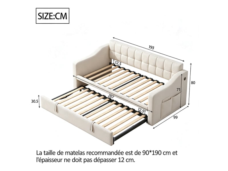  Canapé-lit extensible 90x190 cm avec ports usb beige sans matelas  - Conforama E