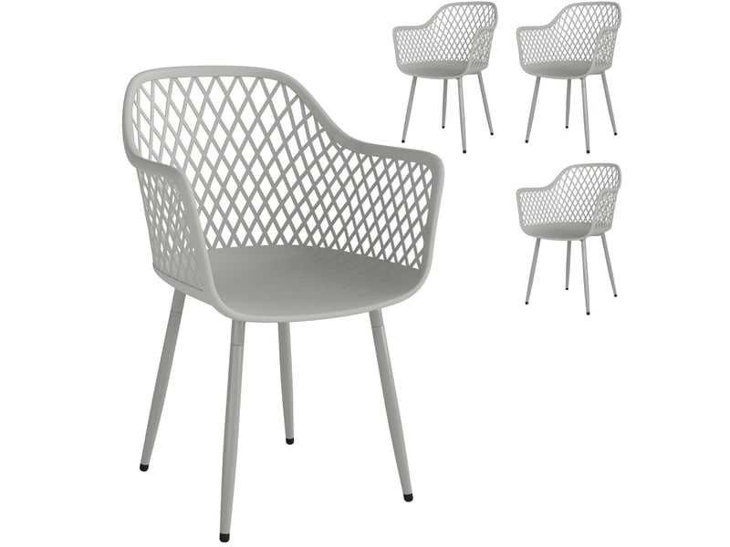 Lot de 4 chaises de jardin avec accoudoirs en plastique gris, pieds en métal, design ajouré uv, 56x51x84 cm - Conforama A