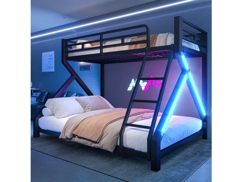 Lit superposé 90 × 200 cm et 140 × 200 cm avec led, sécurité, échelle, sans matelas, métal noir - Conforama B