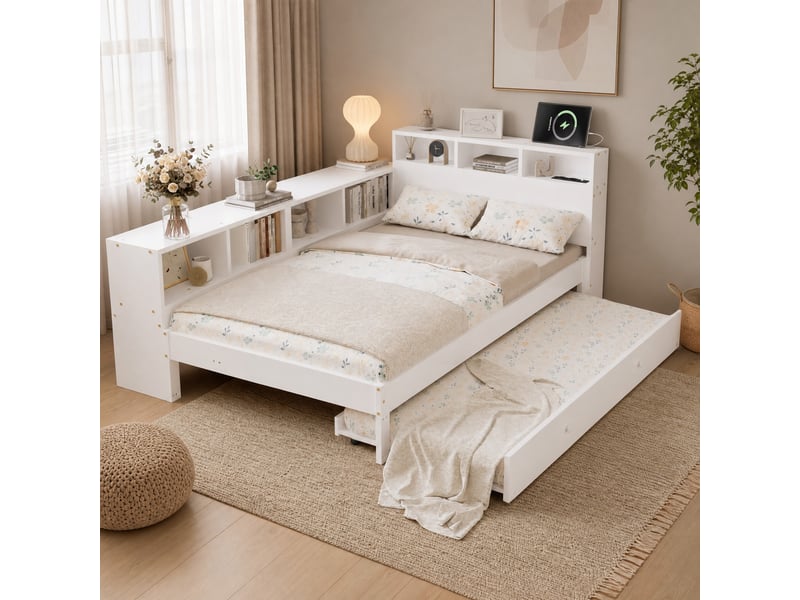 Lit gigogne 2 places 120×200 cm et 90×190 cm avec étagères et station de charge - okmyhome- sans matelas, blanc - Conforama C