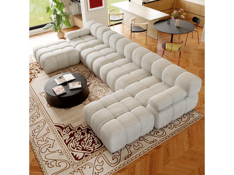  Canapé d’angle en u 6 places 400x200x68 cm sans structure, sans montage, canapé compressé en mousse haute résilience, tissu chenille blanc  - Conforama B