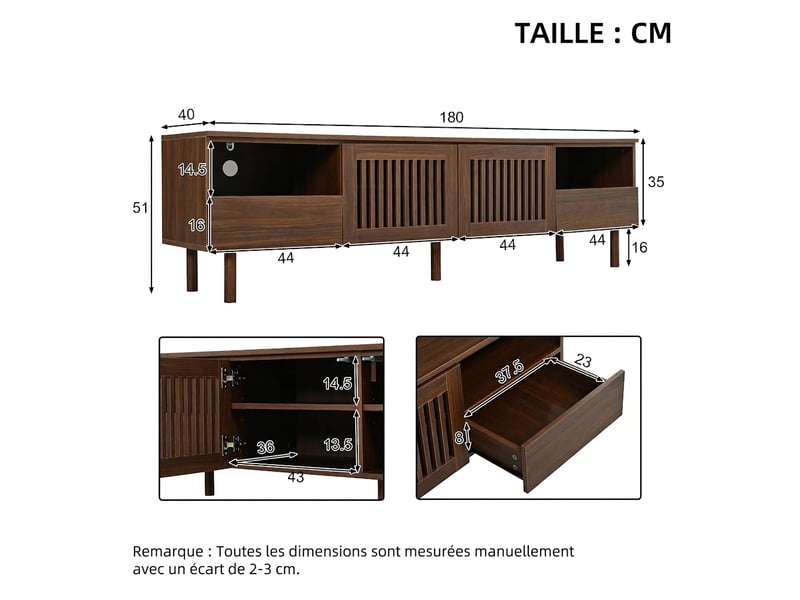  Meuble tv 180 cm couleur noyer avec portes grillagées et tiroirs  - Conforama C