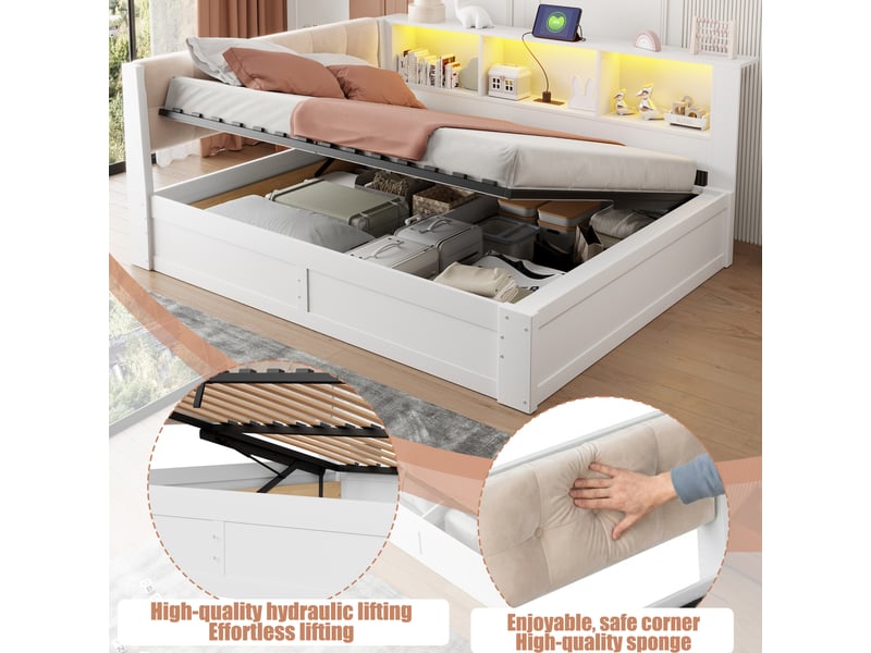 Lit de jour 140x200 lit coffre avec rangement hydraulique, lit simple blanc avec led et port usb  - Conforama E