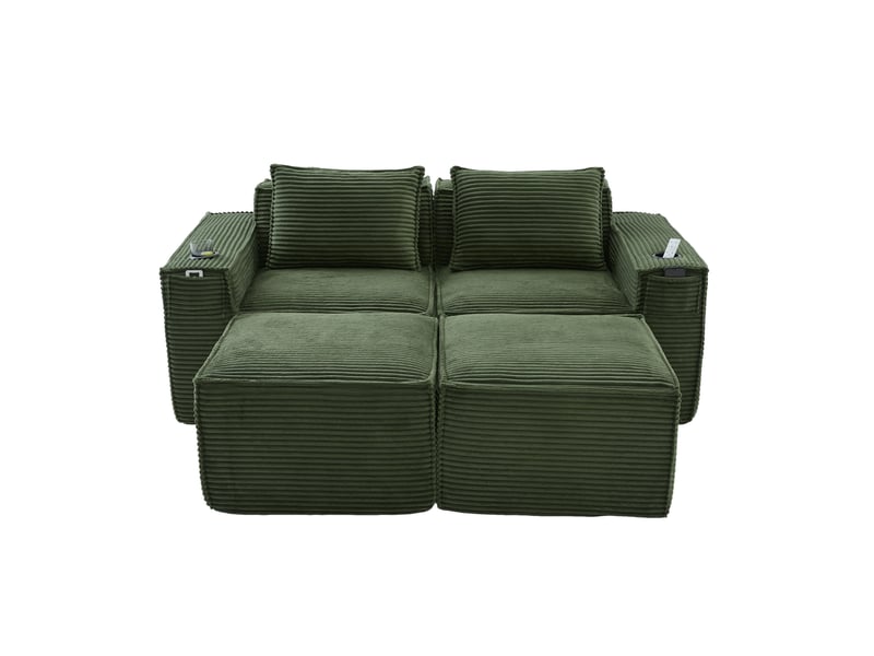 Canapé 2 places avec 2 poufs en velours côtelé vert 188x162x75 cm - Conforama E