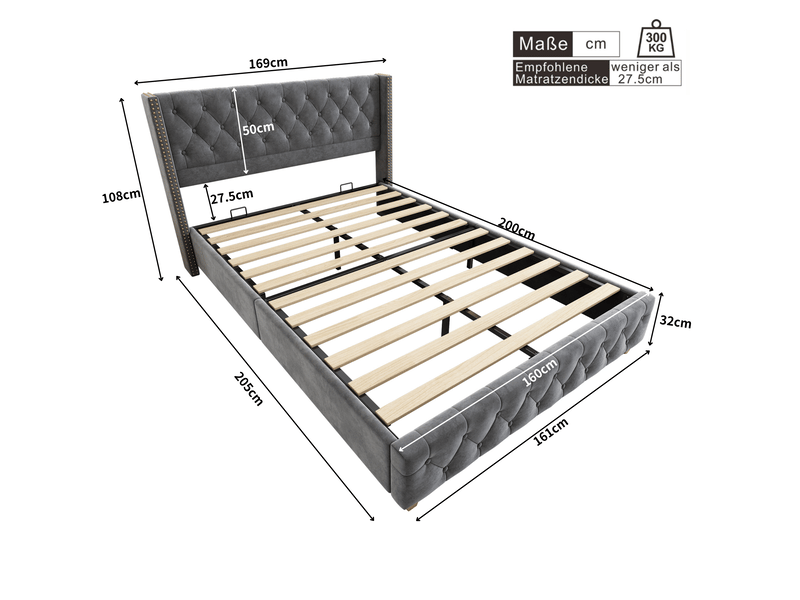 Lit 160x200 cm avec cadre à lattes, tête de lit, velours gris sans matelas  - Conforama E