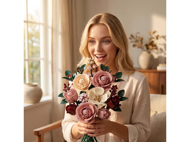  Set de construction bouquet de roses rose et lune – collection botanique, briques fleurs artificielles, déco maison et bureau  - Conforama E