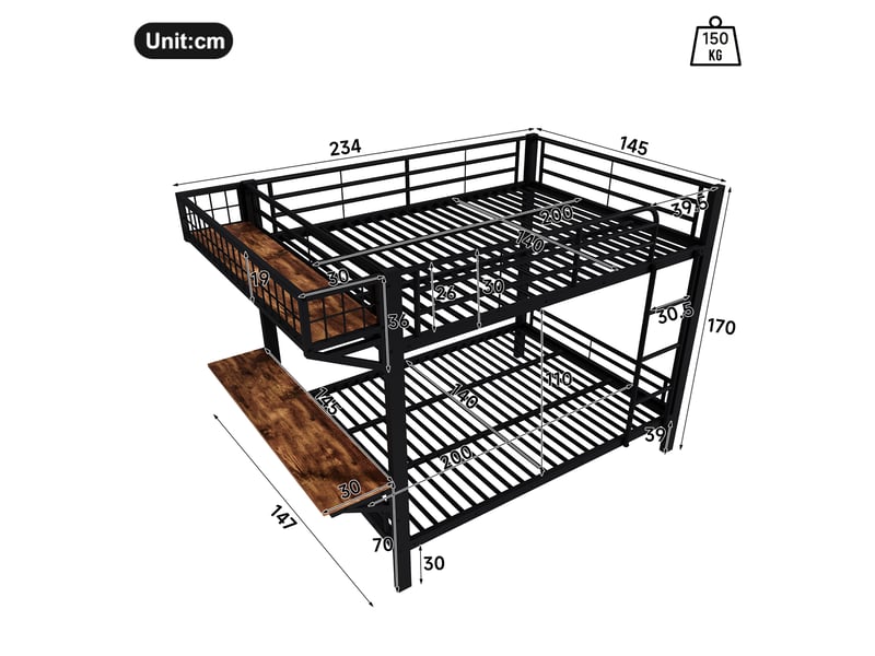  Lit superposé 140x200 cm, lit enfant avec bureau, étagère réversible, échelle, garde-corps, métal (sans matelas), noir CozyNest - Conforama C