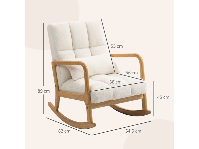  Fauteuil à bascule inclinable 90°-130° avec coussin lombaire, revêtement en tissu sherpa, 64,5 x 82 x 89 cm, coloris blanc et bois  - Conforama E