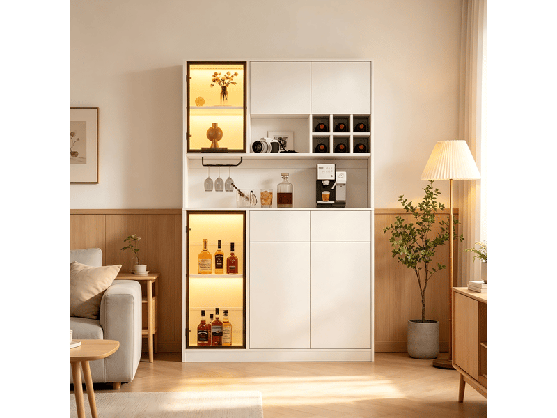 Vitrine avec 6 portes, 2 tiroirs, niches ouvertes et led en panneaux de particules blancs 120 × 33 × 200 cm - Conforama E