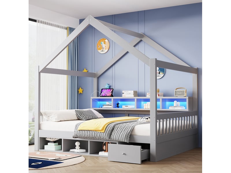 Lit 140x200 cm avec cadre en toit, rangements, éclairage et prises, bois et mdf couleur gris sans matelas - Conforama D