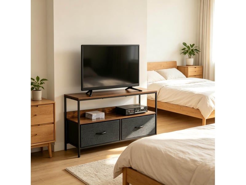  Meuble tv modenvie industriel 98 x 29 x 56 cm avec 2 tiroirs pliables marron rustique noir et gris  - Conforama D