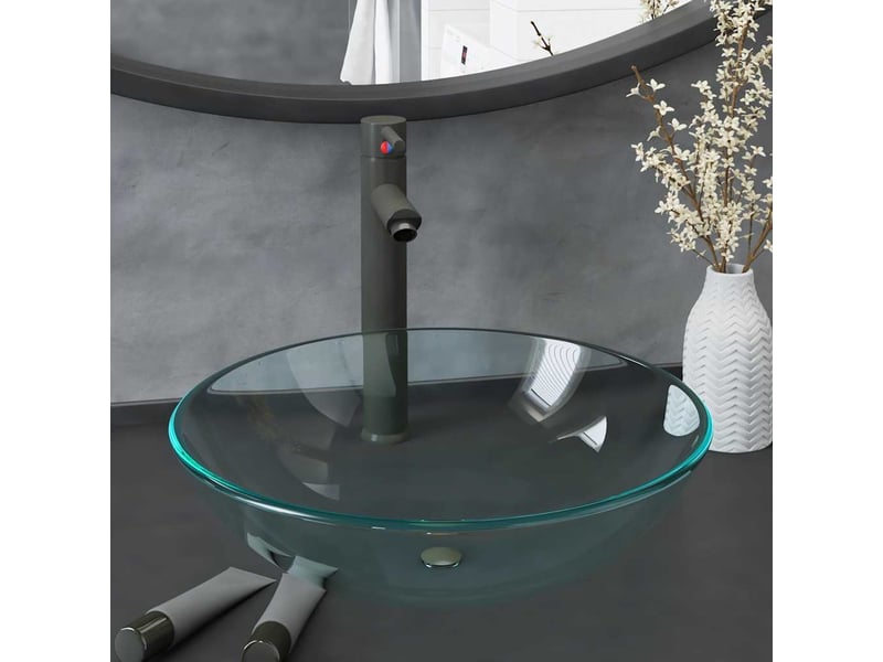  Lavabo de bain, vasque à poser avec robinet et drain à poussoir verre trempé cf65644  - Conforama B