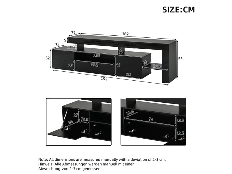  Meuble tv - 192x37x53cm - pour tv jusqu'à 85 - laqué brillant avec éclairage led rgb, 3 portes et niches - noir  - Conforama E