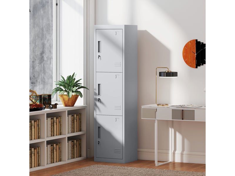  Armoire de bureau en acier avec 3 portes indépendantes, serrure et 2 clés, 45 x 38 x 180 cm, gris clair  - Conforama D