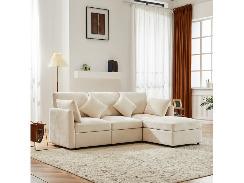 Canapé d’angle modulable 216x161x81 cm, 4 coussins, avec pouf amovible, finition tissu chenille beige - Conforama E