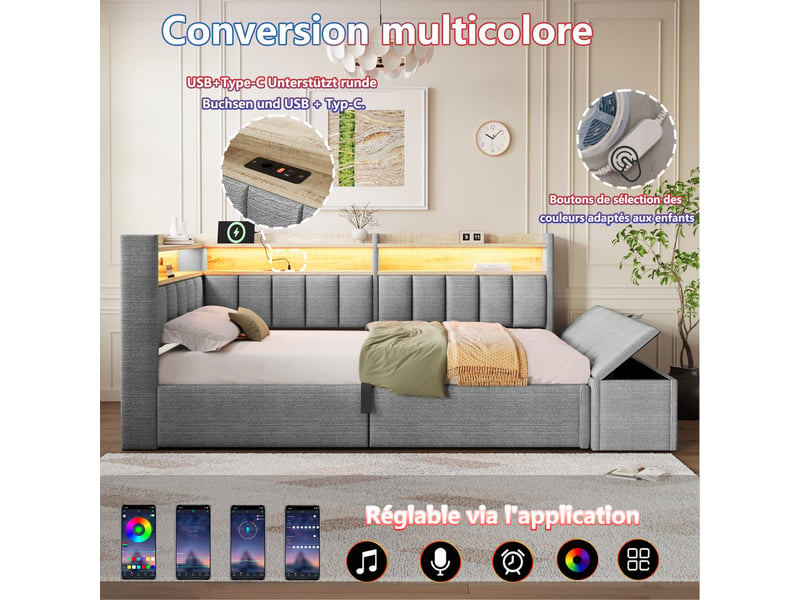 Canapé-lit coffre 90 x 200 cm - avec prise électrique - avec port usb + bande lumineuse led - gris (matelas non inclus) - Conforama W