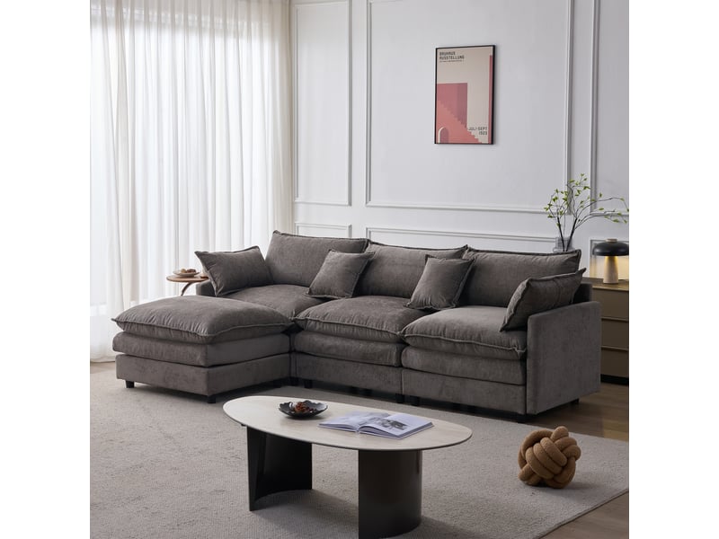  Canapé d'angle modulable 3 places avec méridienne et pouf - chenille gris - 267x154x85 cm  - Conforama W