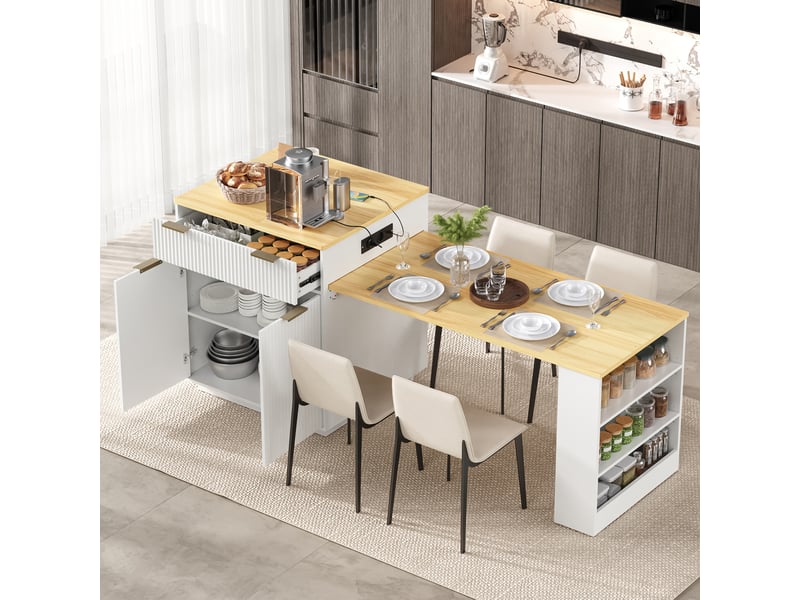  Îlot de cuisine mobile - 80x67x92 cm blanc et bois naturel - meuble de cuisine extensible avec prises, led et tiroirs  - Conforama D
