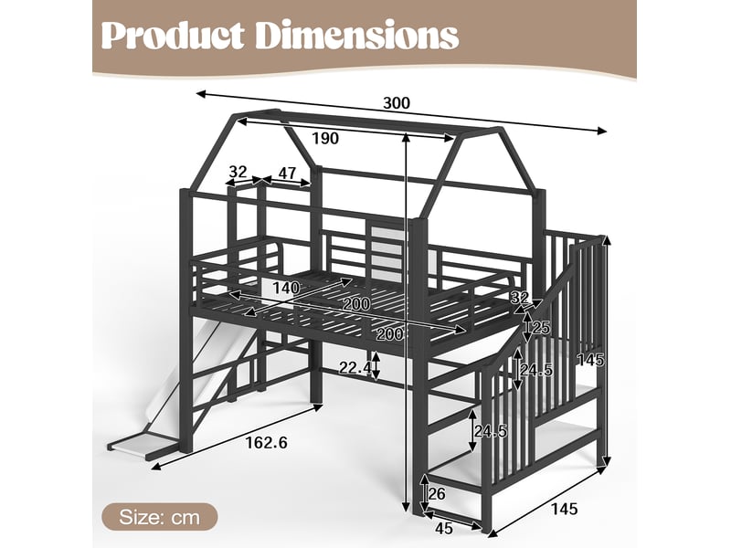  Lit mezzanine enfant 140 × 200 cm 1 place avec toboggan, rangements et éclairage led bluetooth, sans matelas, métal noir  - Conforama D