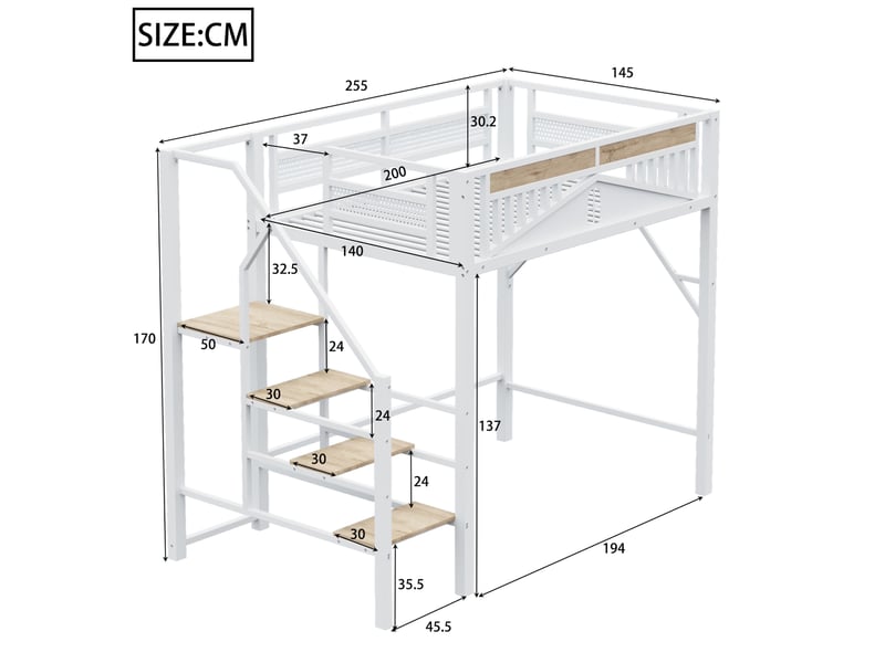  Lit mezzanine 140x200 cm avec échelle de sécurité et espace de rangement, blanc  - Conforama C