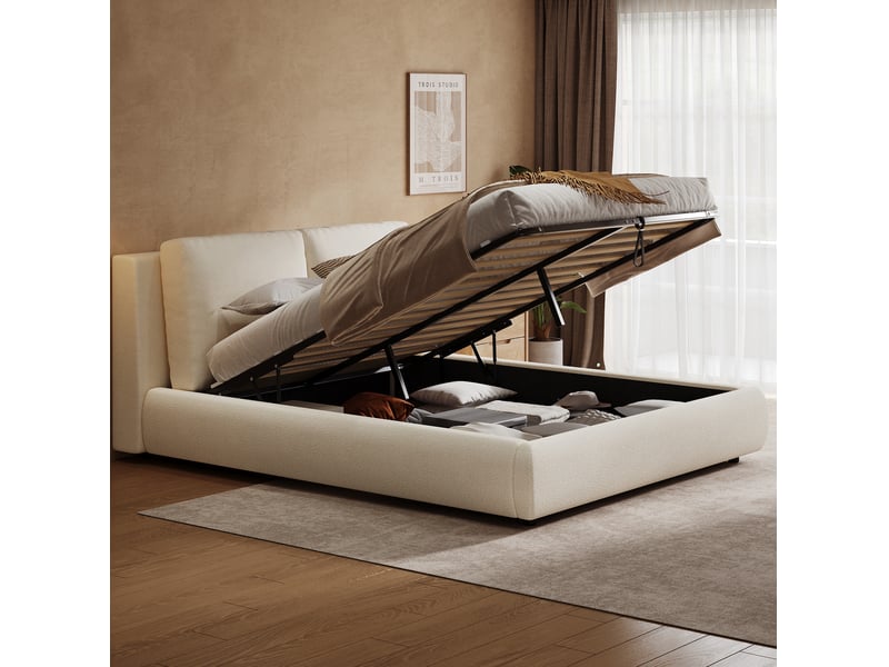 Lit coffre 160x200 cm en bouclé beige avec sommier à lattes et tête de lit - Conforama D