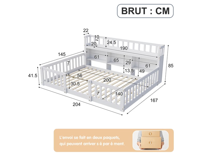  Lit enfant au sol 140 x 200 cm montessori avec barrières - tête de lit avec niches de rangement - sommier à lattes inclus - entrée ouverte basse - cadre de lit deux places ras du sol pour petite fille ou garçon pour chambre d'en…  - Conforama E