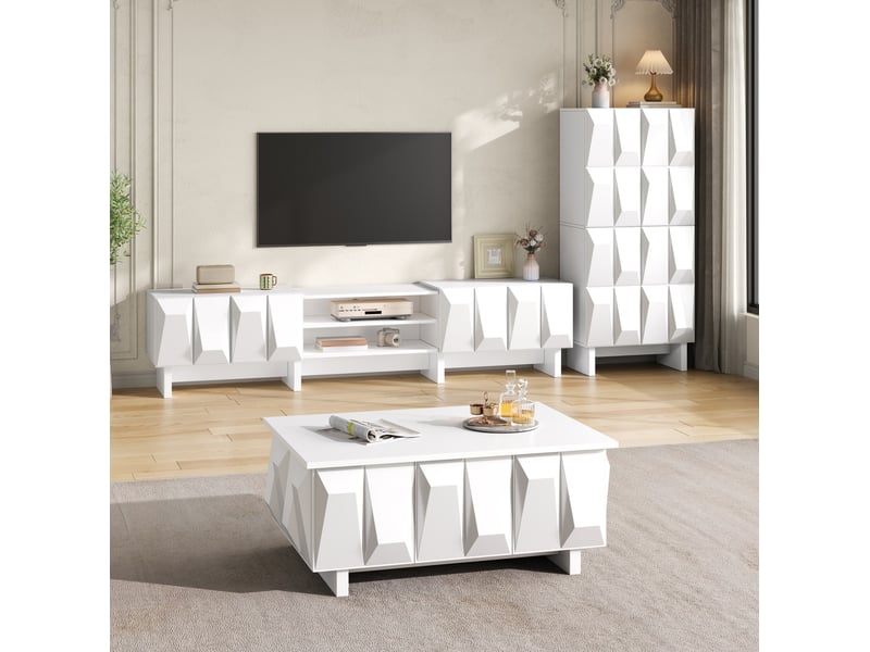 Ensemble salon 3 pièces, meuble tv 180 cm, buffet, table basse, façades 3d, panneaux de particules, blanc  - Conforama E