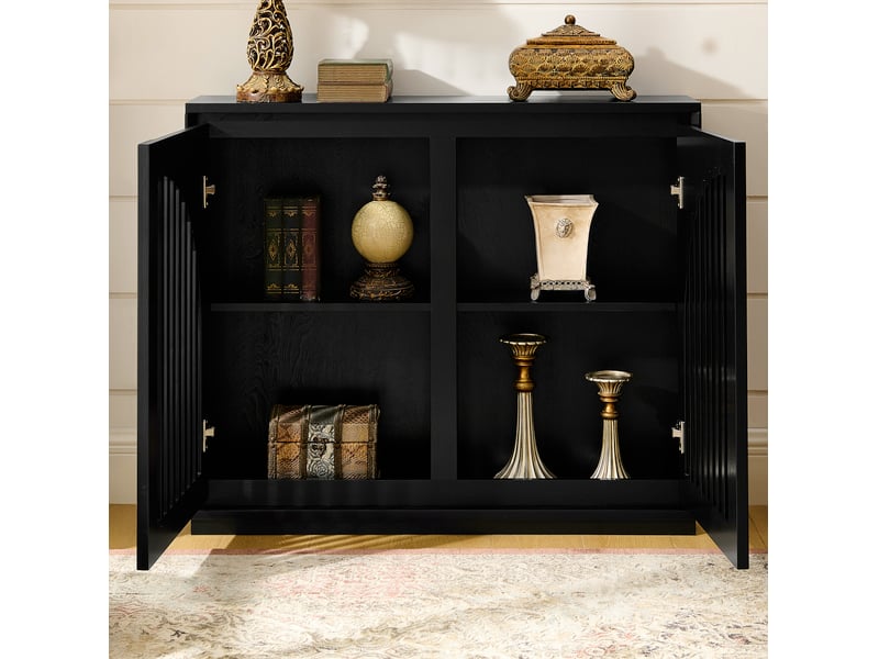  Buffet étroit style mid-century moderne avec fronts rainurés et 2 passages de prise, meuble de rangement noir pour salon, entrée, cuisine ou coin café 4071258408425 - Conforama E
